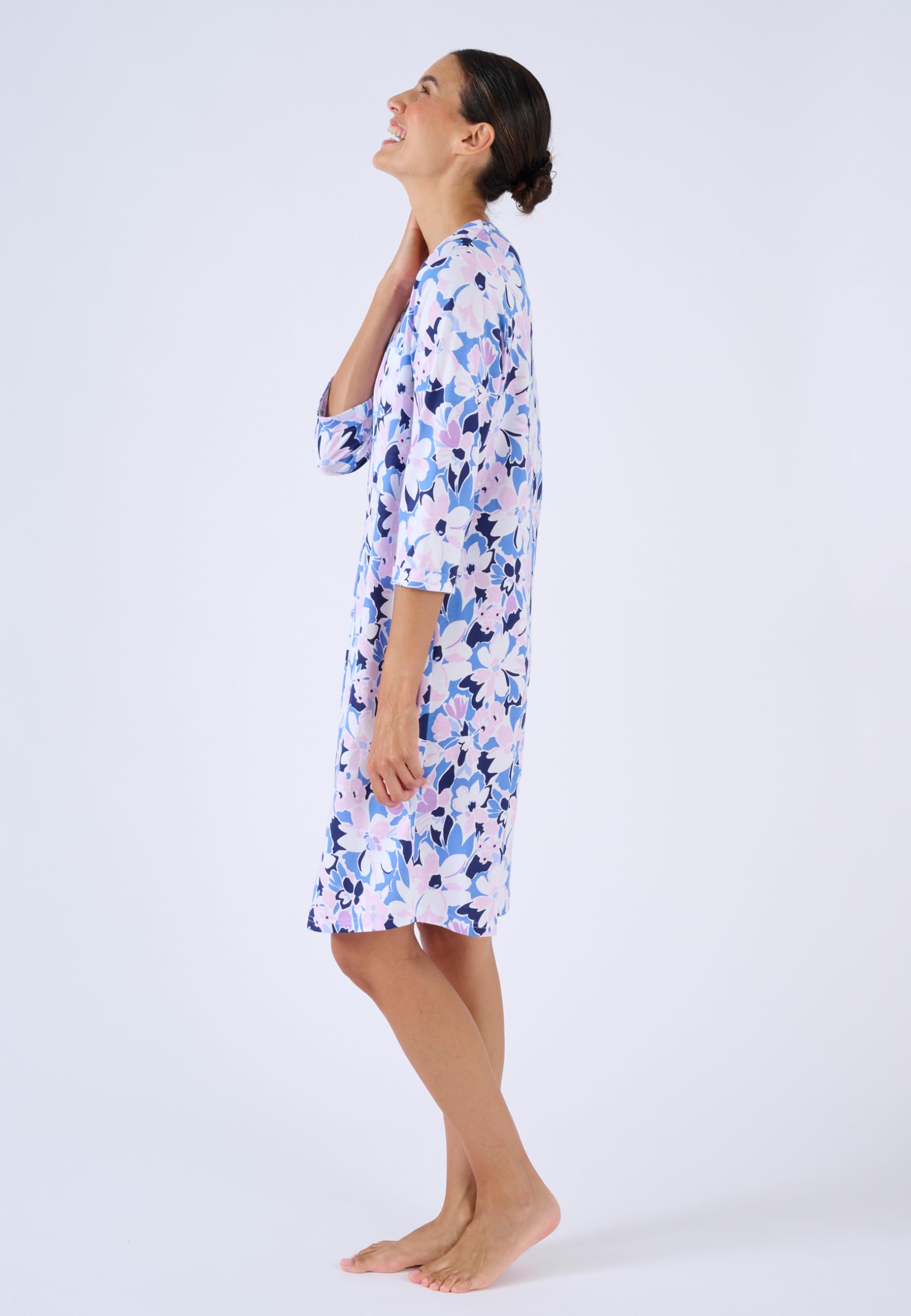 Damart Homewear camicia da notte colletto tunisino blu fiorito in cotone