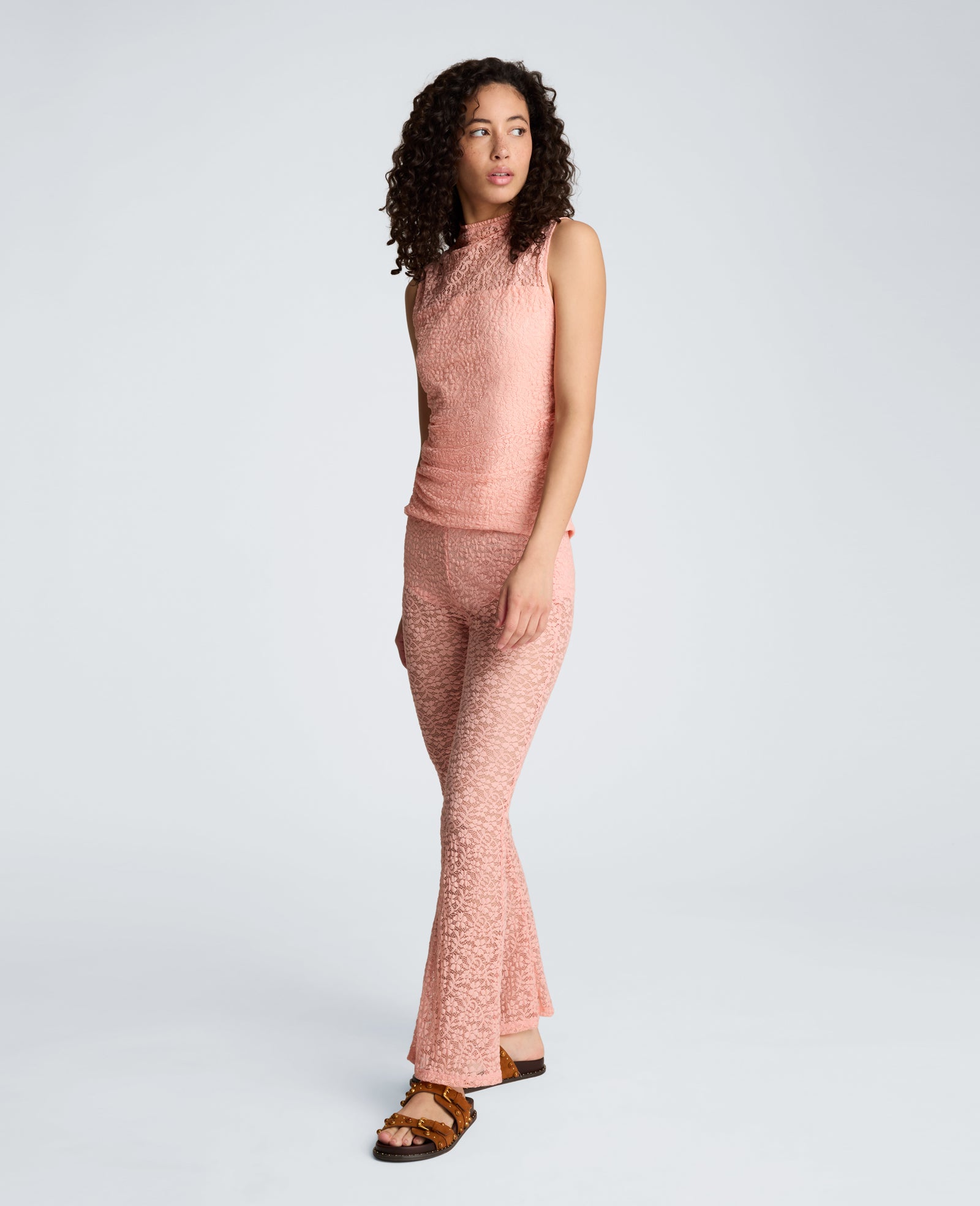 Kenneth Cole Reaction Clothing Stretch Lace Front Drape Mock Neck Tank top pizzo rosa