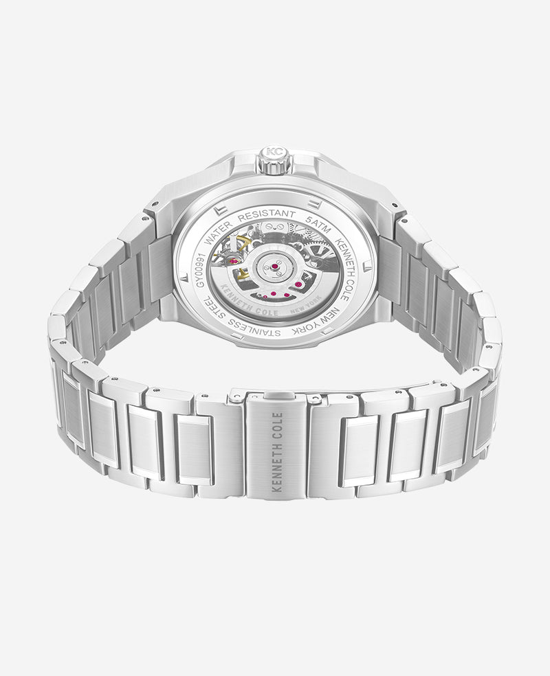 Kenneth Cole Reaction Watches Skeleton Automatic Blue Dial Stainless Steel Bracelet Watch argento