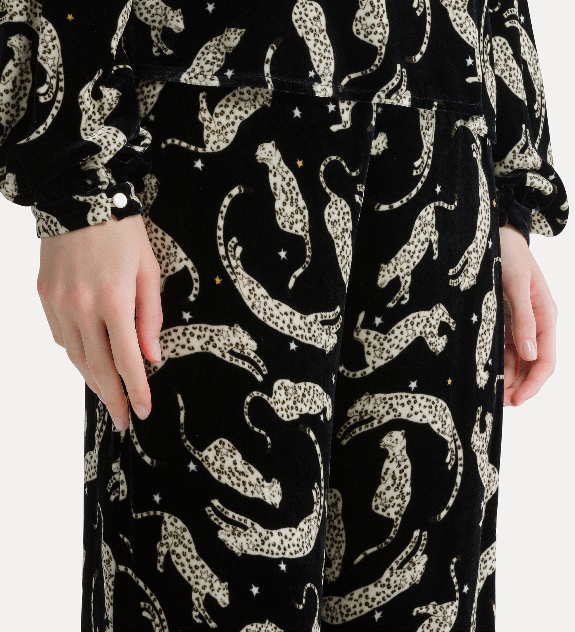 Forte pantaloni velvet trousers with “royal leopard” print night pantaloni nero