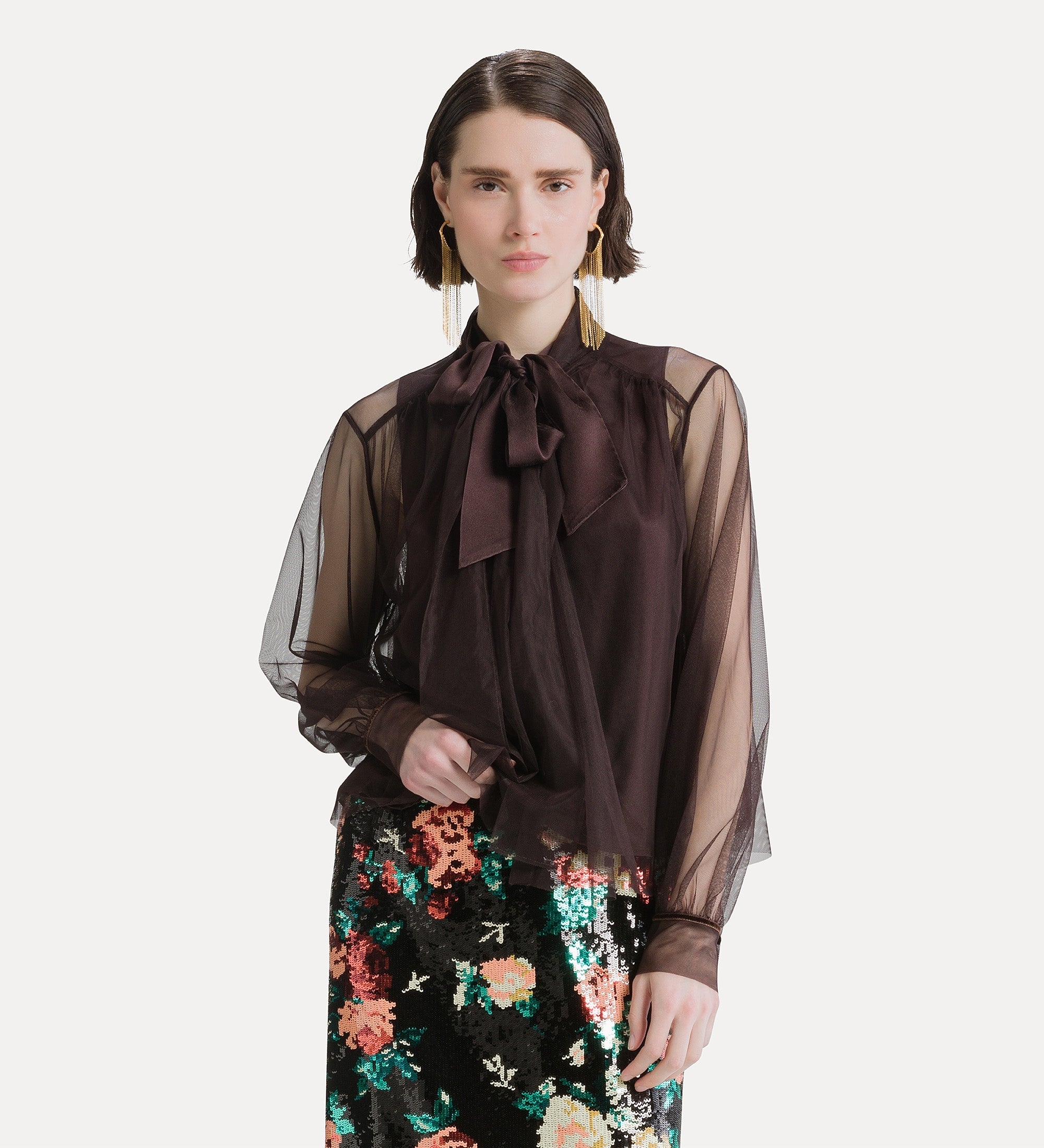 Forte camicie Camicia in tulle con fusciacca marrone