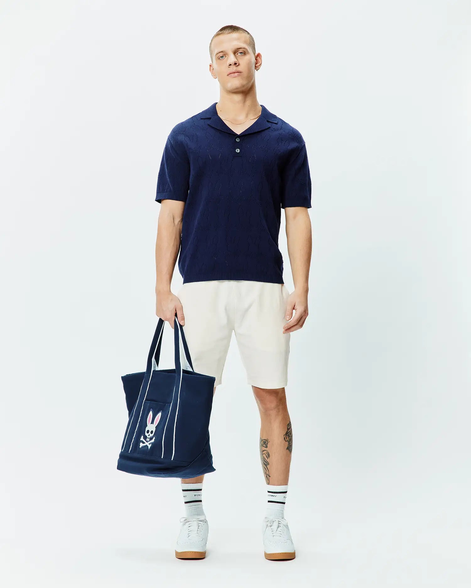 Psycho Bunny Men's Polos Harold Pointelle All Over Bunny Knit Polo blu