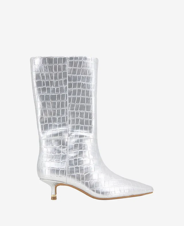 Kenneth Cole Reaction Meryl Leather Metallic Croco Bootie stivaletti argento in pelle