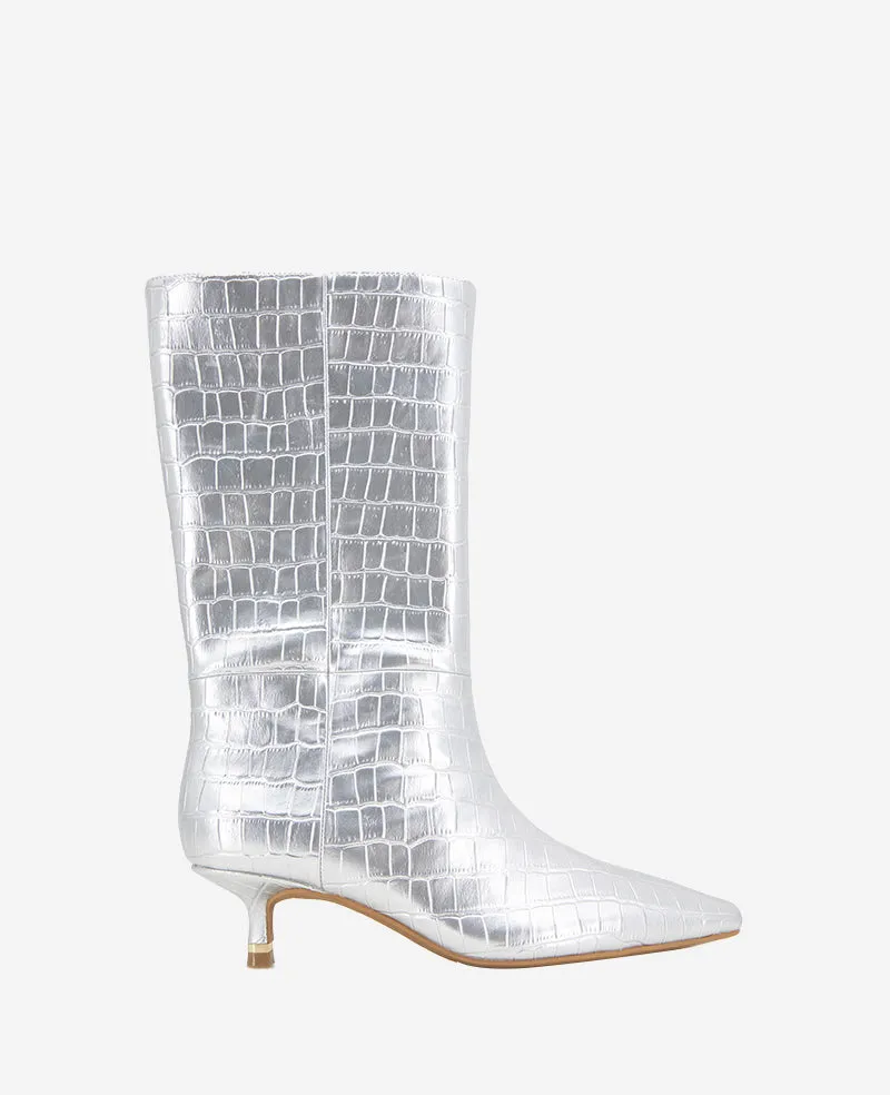 Kenneth Cole Reaction Meryl Leather Metallic Croco Bootie stivaletti argento in pelle