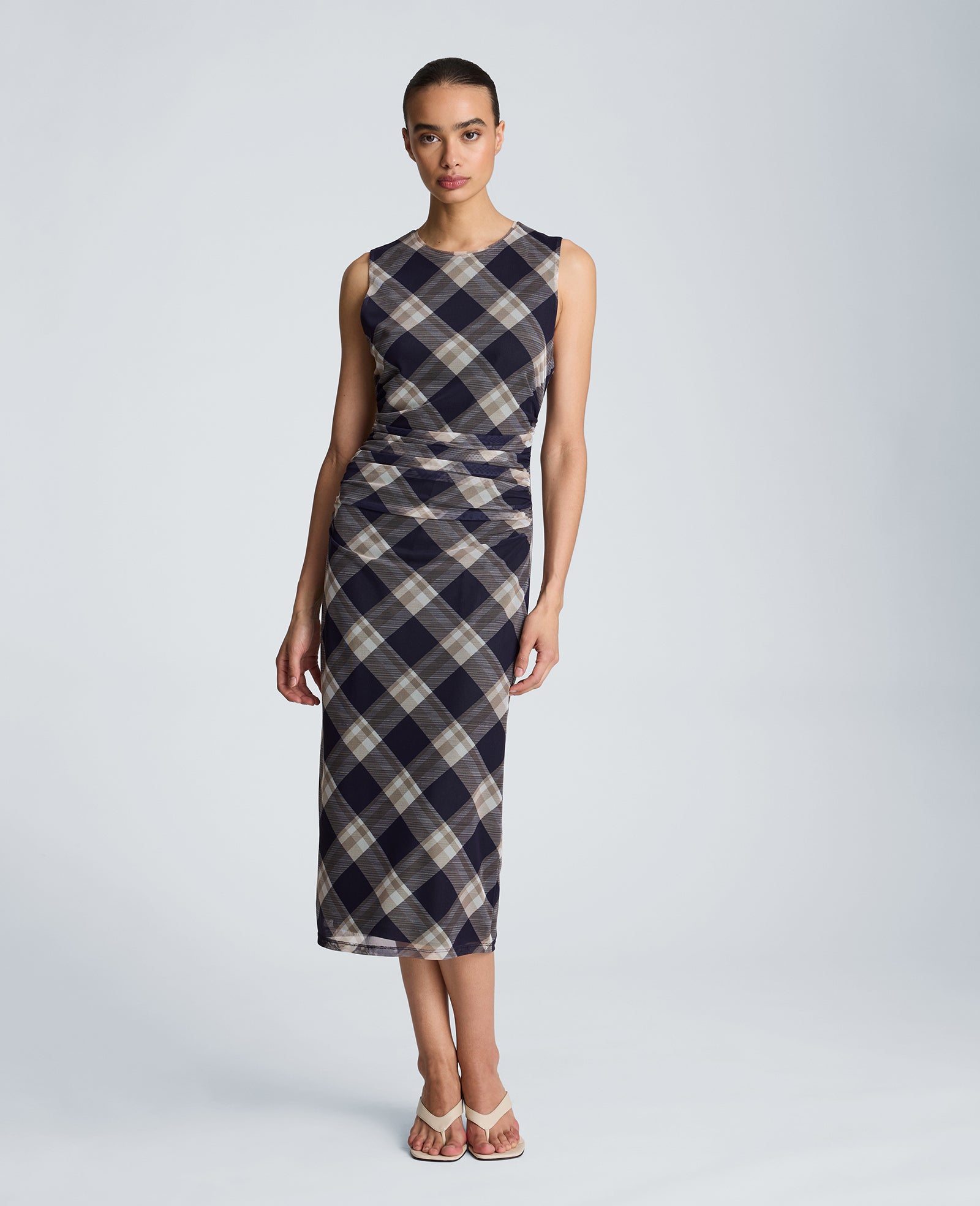 Kenneth Cole Reaction Clothing Side Ruched Midi Dress abito midi blu scuro fantasia