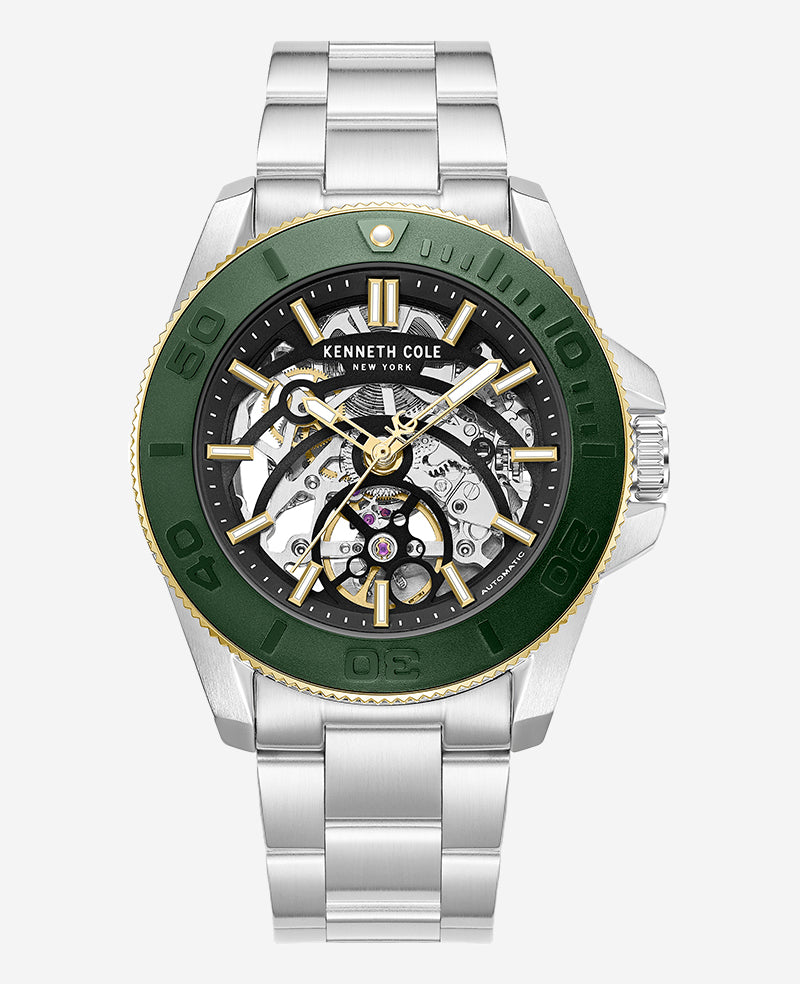 Kenneth Cole Reaction Skeleton Automatic Green Contrast Dial Bracelet Watch orologio automatico argento verde