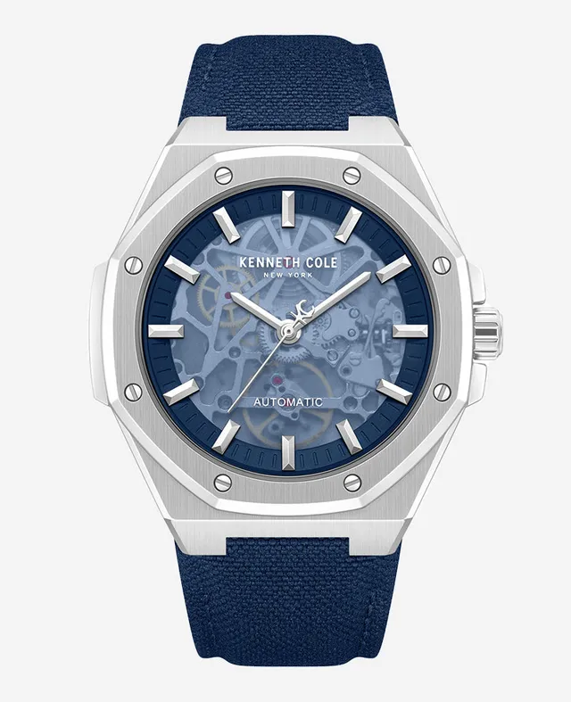 Kenneth Cole Reaction Watches Skeleton Automatic Blue Dial Nylon Strap Watch orologio argento