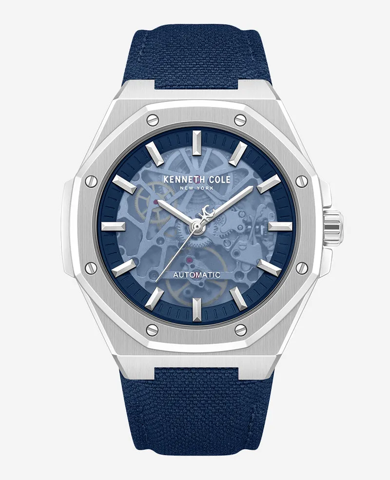 Kenneth Cole Reaction Watches Skeleton Automatic Blue Dial Nylon Strap Watch orologio argento