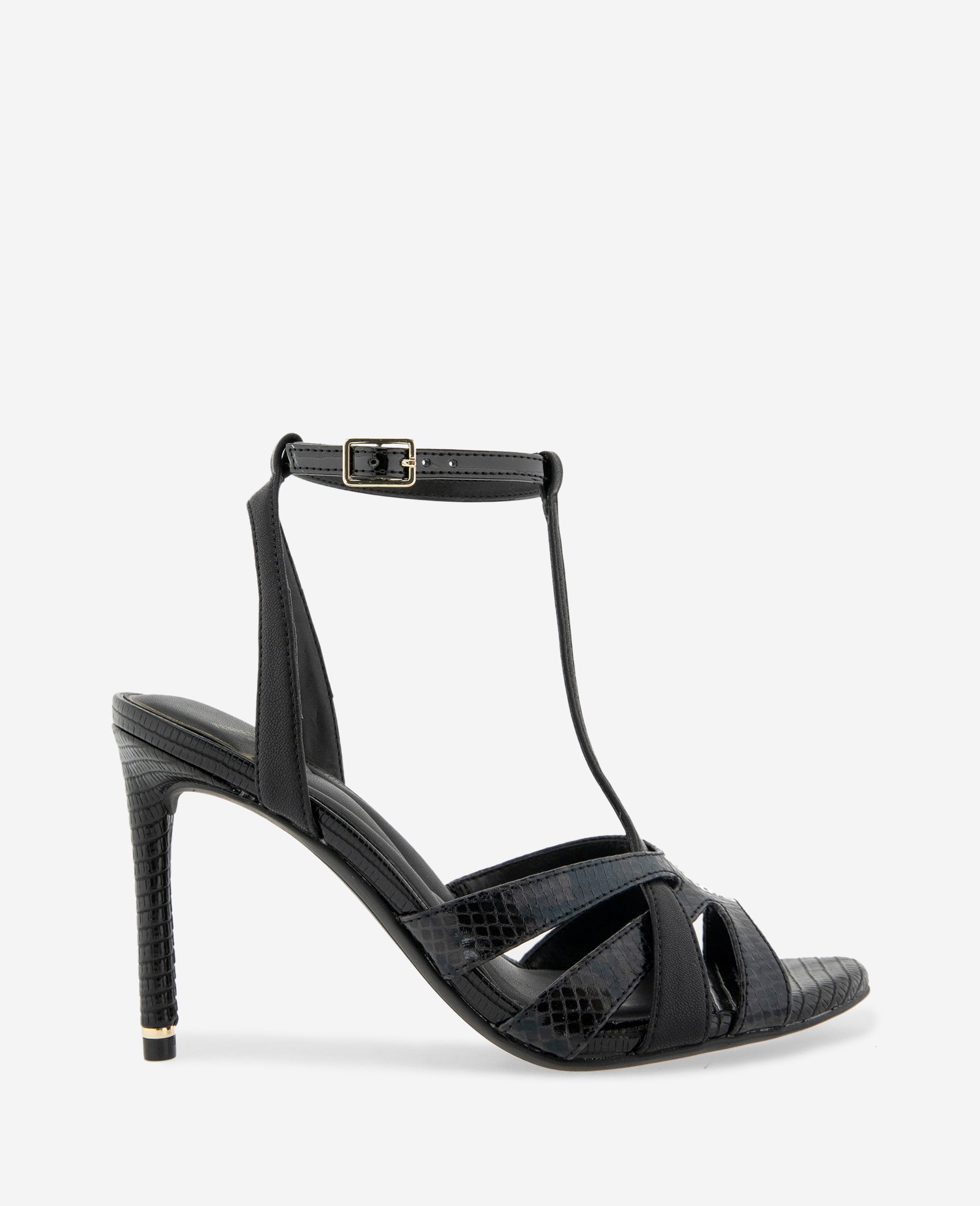 Kenneth Cole Reaction Shoes Liona Embossed Snake Heel sandali neri con tacco