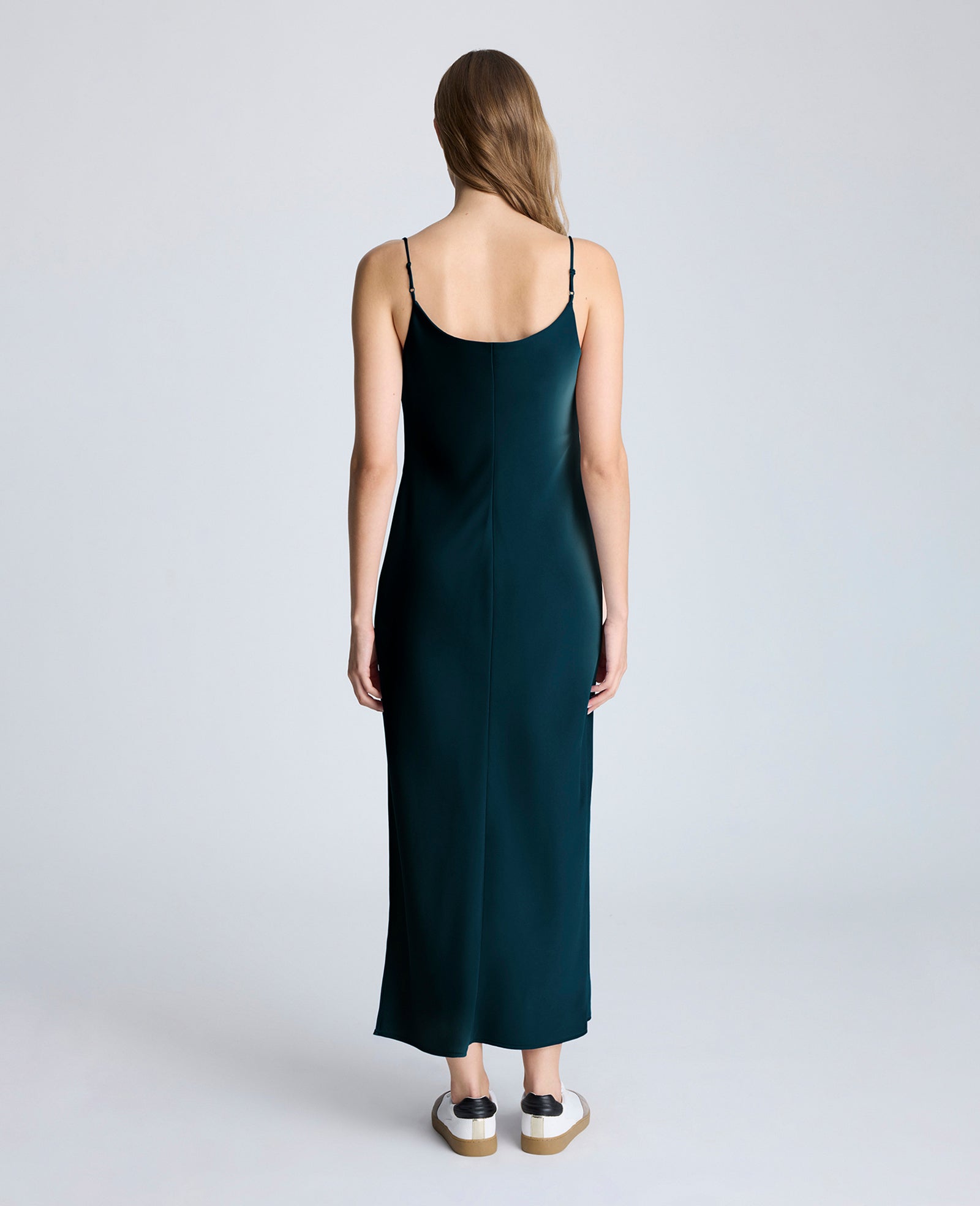 Kenneth Cole Reaction Cowl Neck Side Slit Maxi Slip Dress abito blu navy in raso