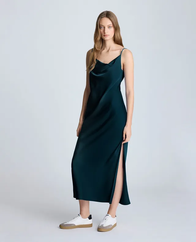 Kenneth Cole Reaction Cowl Neck Side Slit Maxi Slip Dress abito blu navy in raso