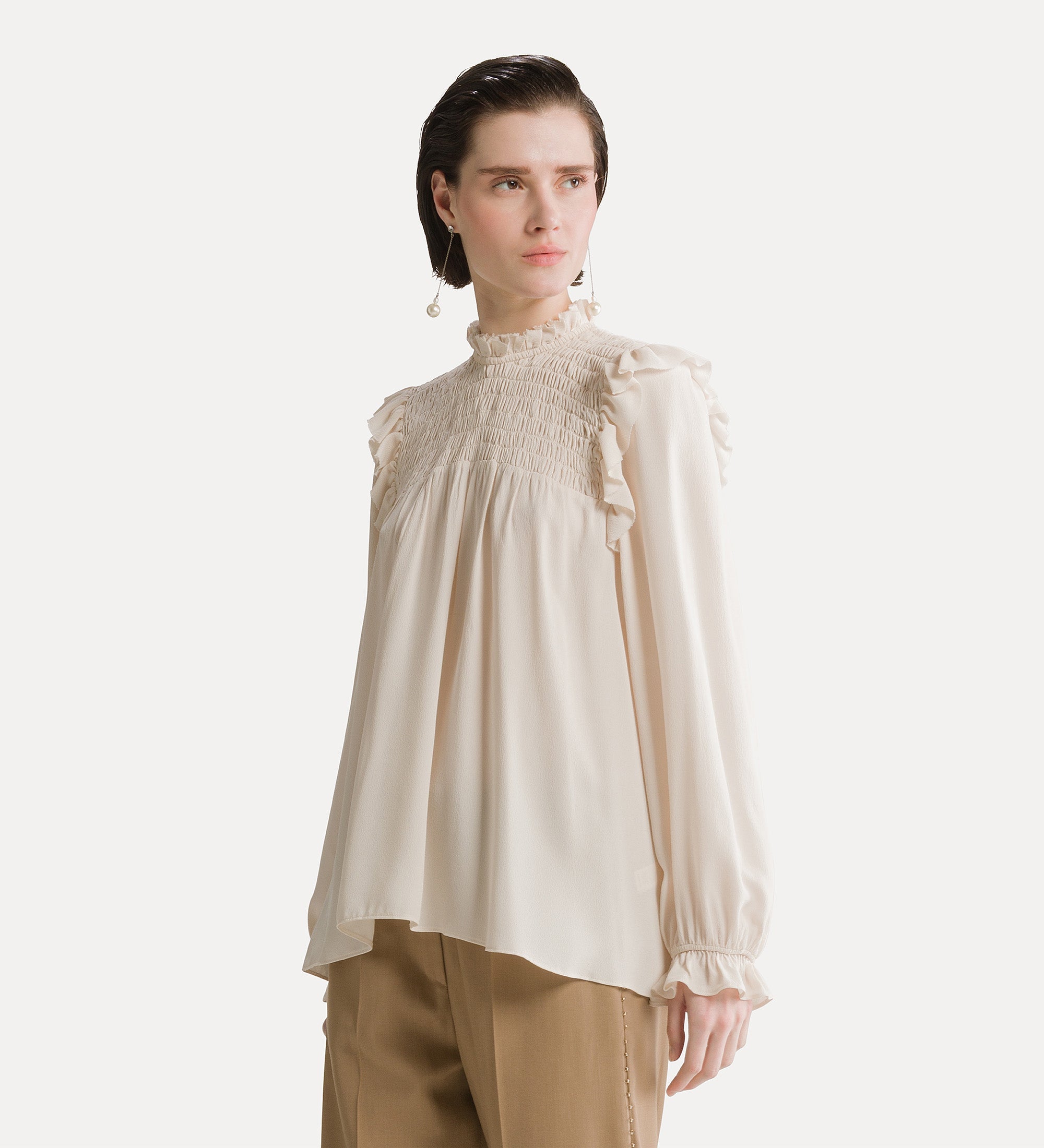 Forte camicie Silk Marocaine Shirt Avorio camicia in seta con volant