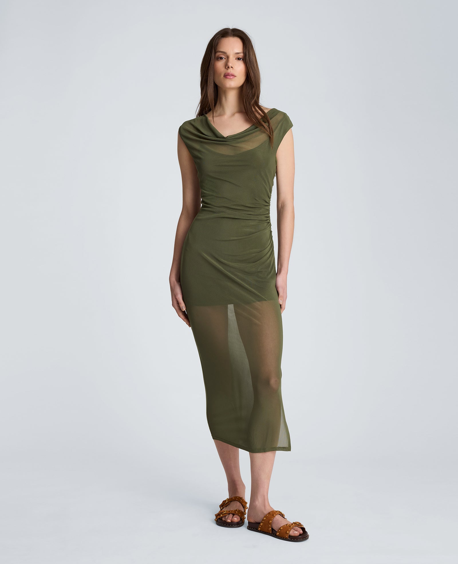 Kenneth Cole Reaction Clothing Sleeveless Cowl Neck Midi Dress vestito midi marrone aderente