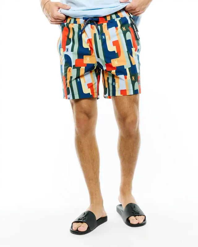 Psycho Bunny Men's Swimwear MENS WES ALL-OVER PRINT SWIM TRUNKS costume da bagno blu navy XXS