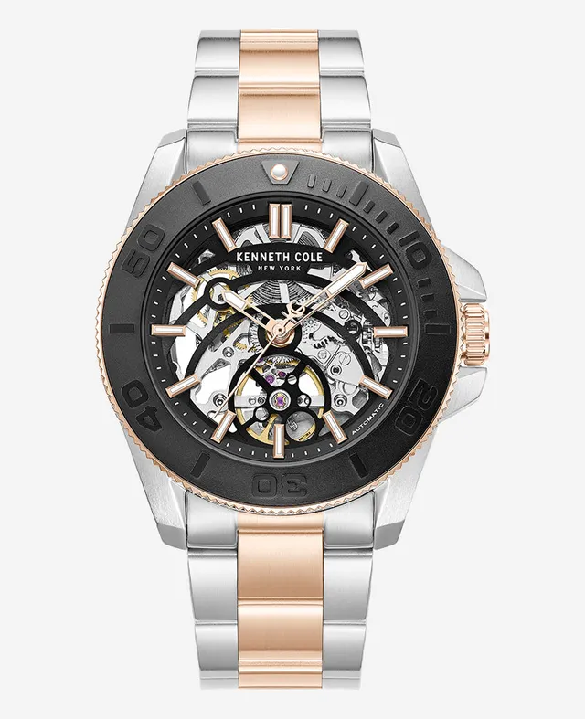 Kenneth Cole Reaction Watches Skeleton Automatic Black Contrast Dial Two Tone Bracelet Watch orologio automatico uomo bicolore