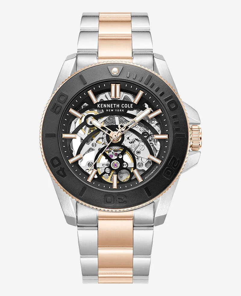 Kenneth Cole Reaction Watches Skeleton Automatic Black Contrast Dial Two Tone Bracelet Watch orologio automatico uomo bicolore