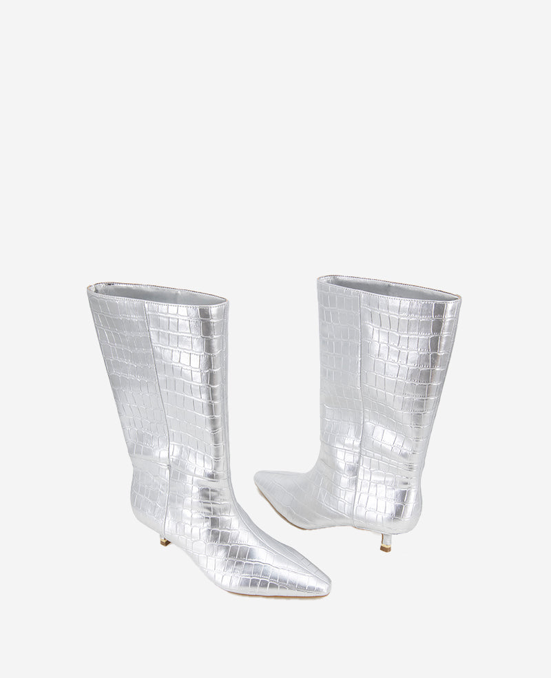 Kenneth Cole Reaction Meryl Leather Metallic Croco Bootie stivaletti argento in pelle