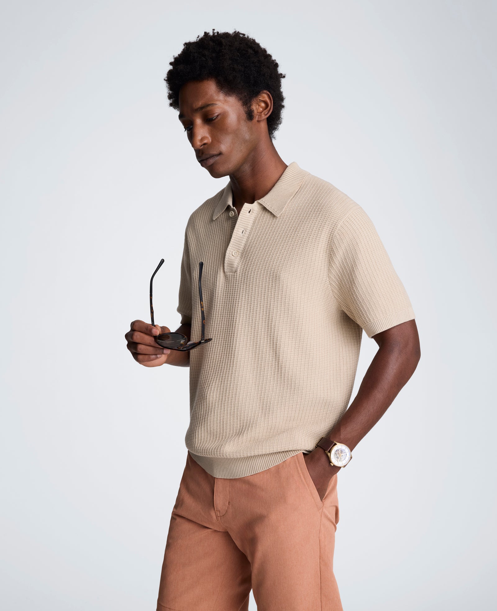 Kenneth Cole Reaction Clothing Sweater Polo maglia uomo Tan Mix cotone