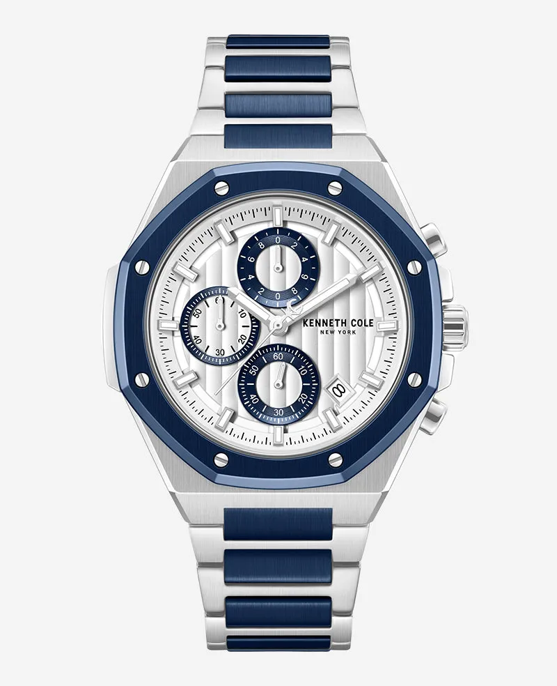 Kenneth Cole Reaction Watches Dress Sport Chronograph Two-Tone Stainless Steel Bracelet Watch orologio argento blu
