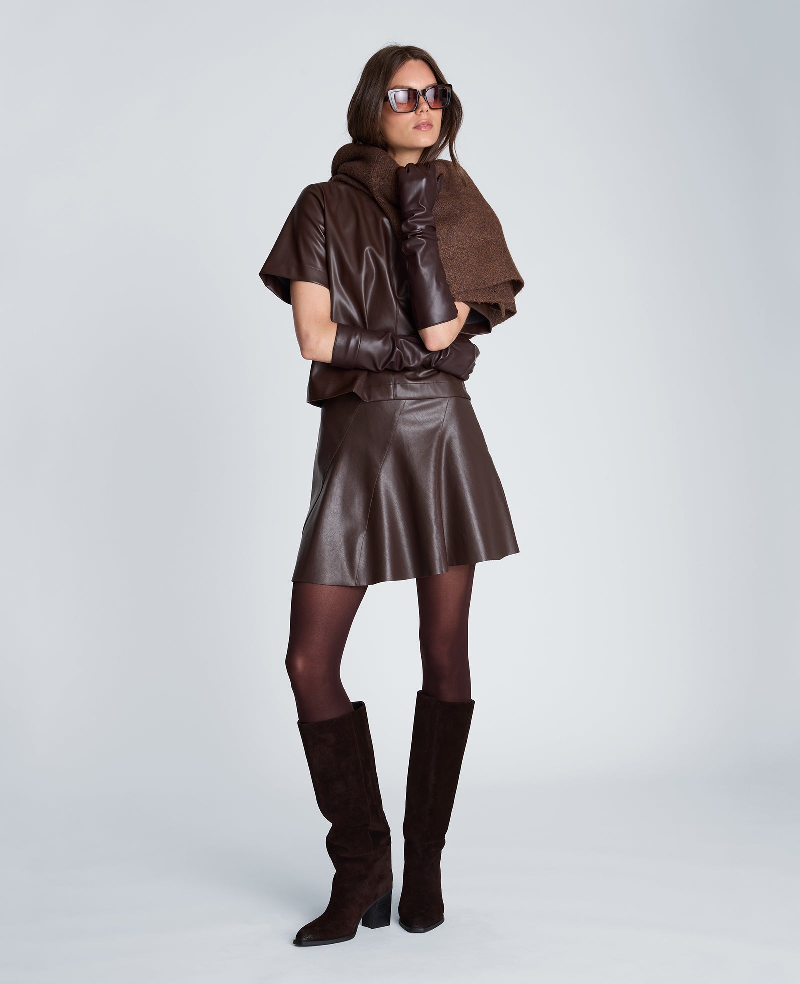 Kenneth Cole Reaction Clothing Side Zip Seam Flare Skirt gonna mini marrone in similpelle