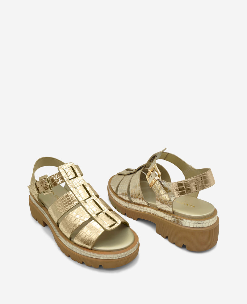 Kenneth Cole Reaction Shoes Herron Metallic Platform Fisherman Sandal sandalo oro in pelle