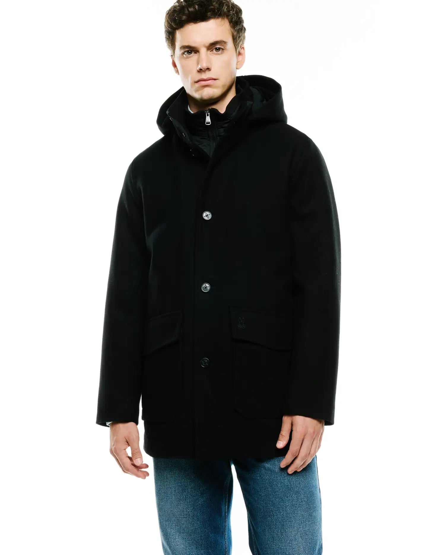 Psycho Bunny Jackets MEN'S LUTHER WOOL COAT MO1100100 cappotto nero XXS-XXXL lana