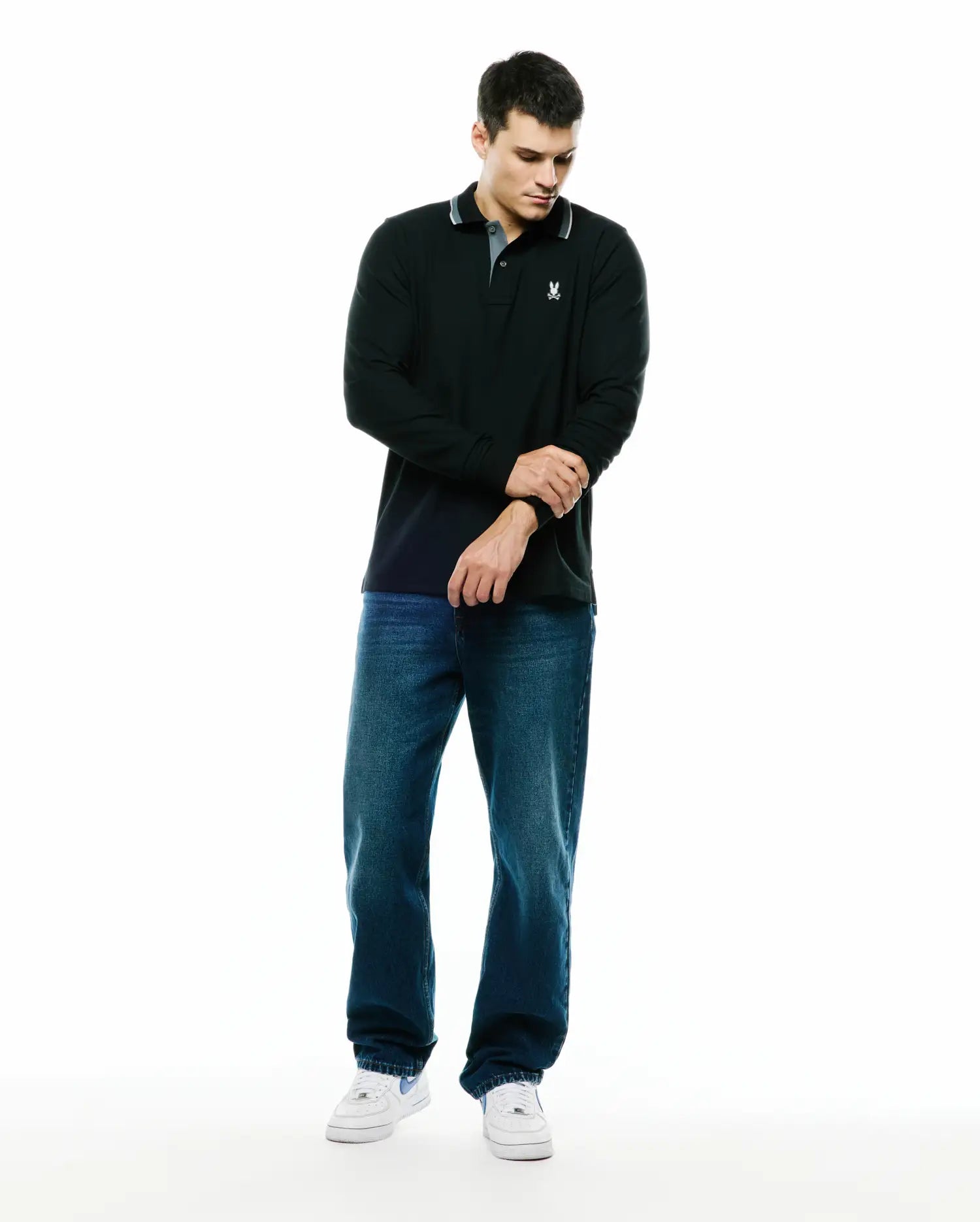 Psycho Bunny Men's Polos Grover Pique Longsleeve polo nera manica lunga