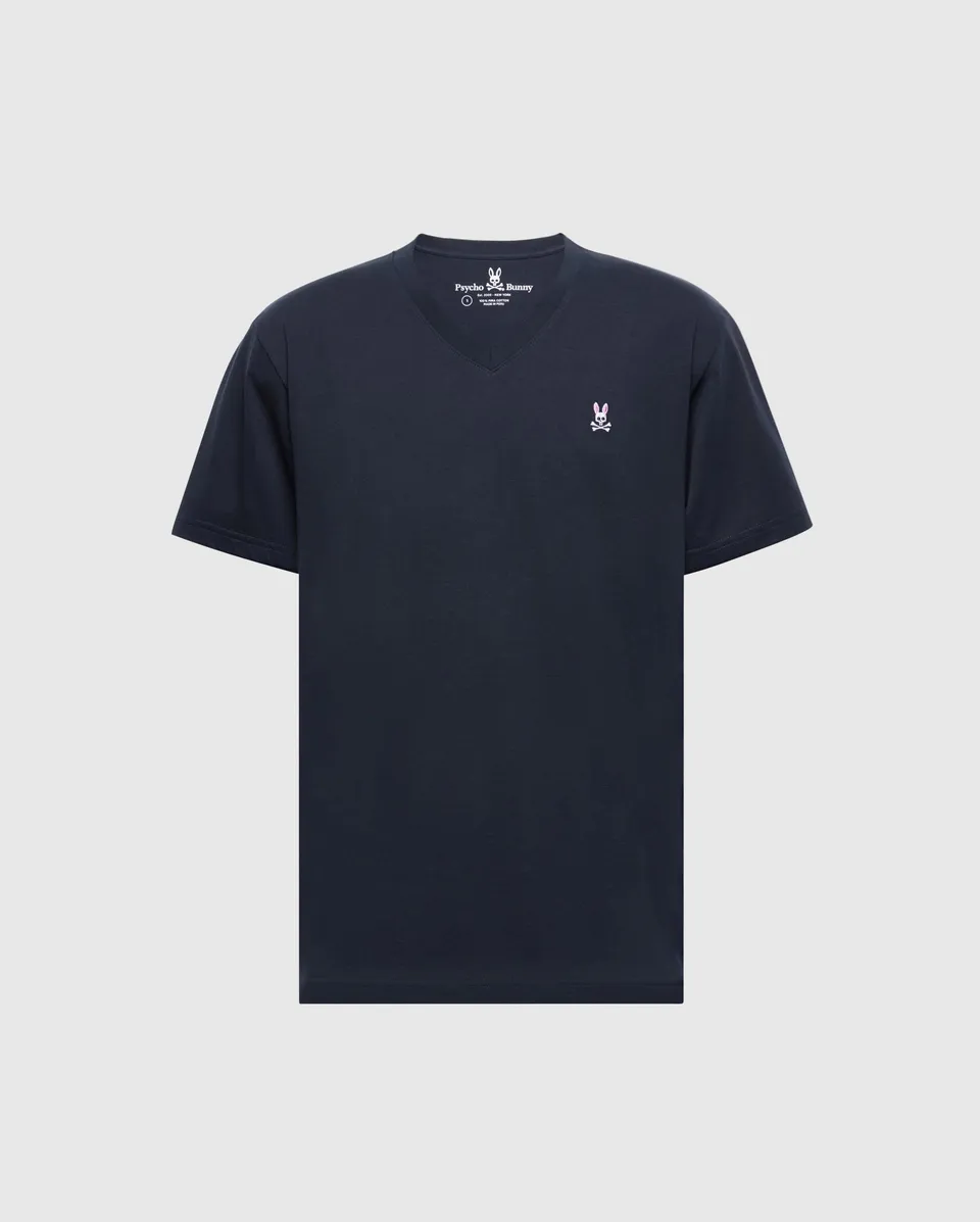 Psycho Bunny Men's Tees Classic V Neck Tee B6U100ARPC T-shirt blu navy in cotone Pima