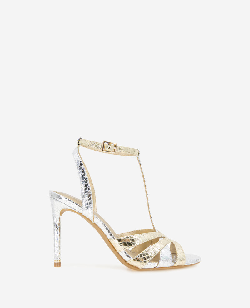 Kenneth Cole Reaction Shoes Liona Metallic Embossed Snake Heel sandali argento/oro 5 tacco 9,9 cm