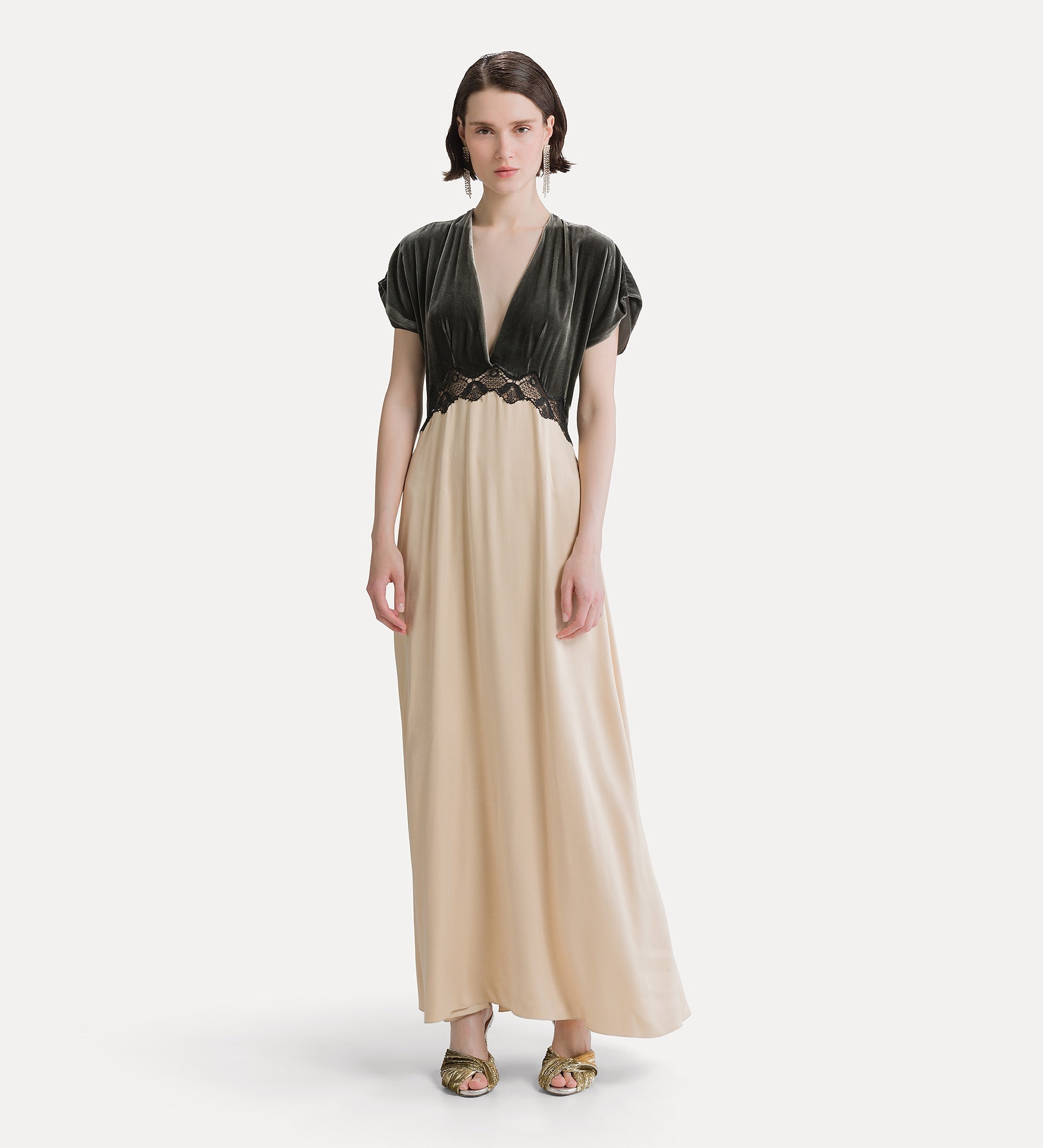 Forte abiti Velvet and Cupro Dress with Lace abito lungo grigio