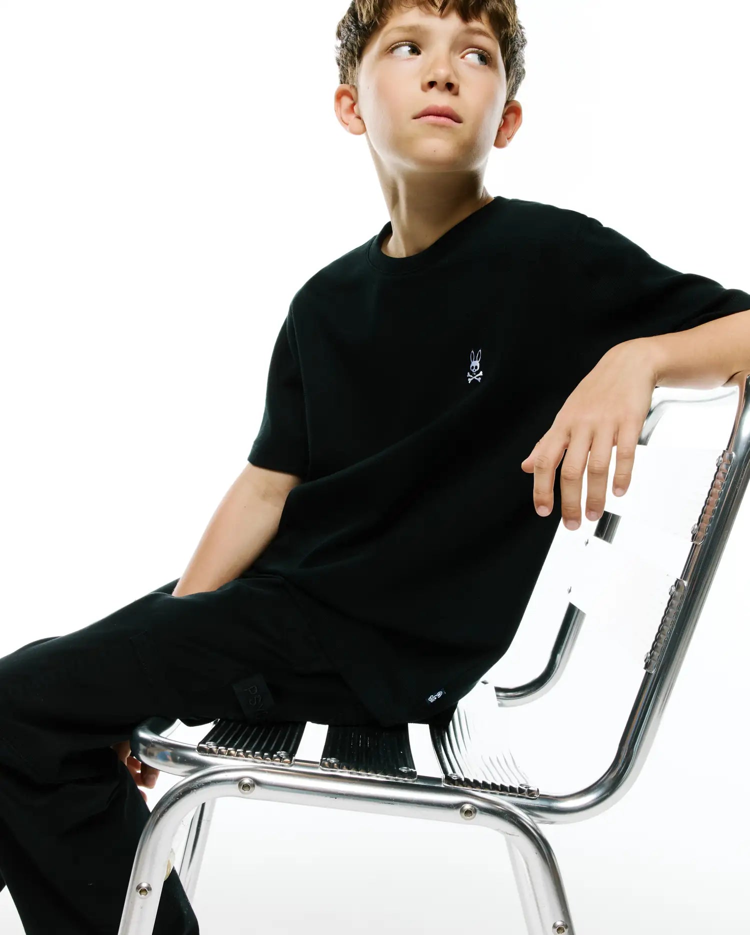 Psycho Bunny Kids Tees Maxton Waffle T-shirt nera in cotone elasticizzato