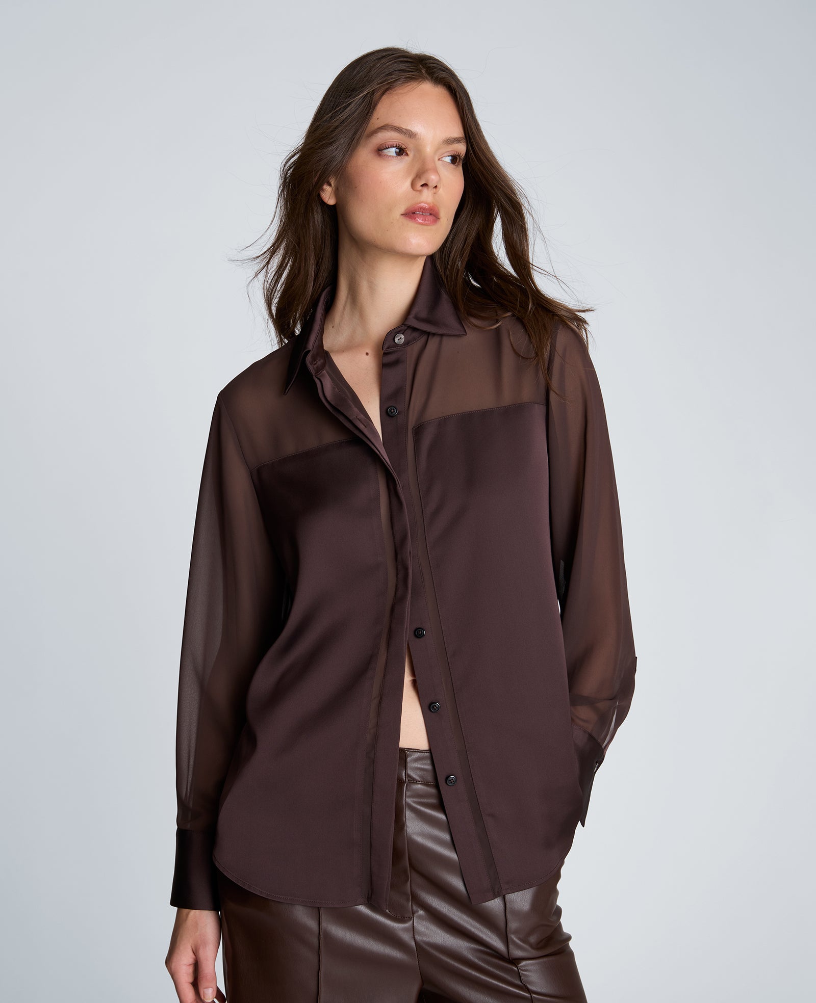 Kenneth Cole Reaction Clothing Long Sleeve Button Front Shirt camicia marrone XS