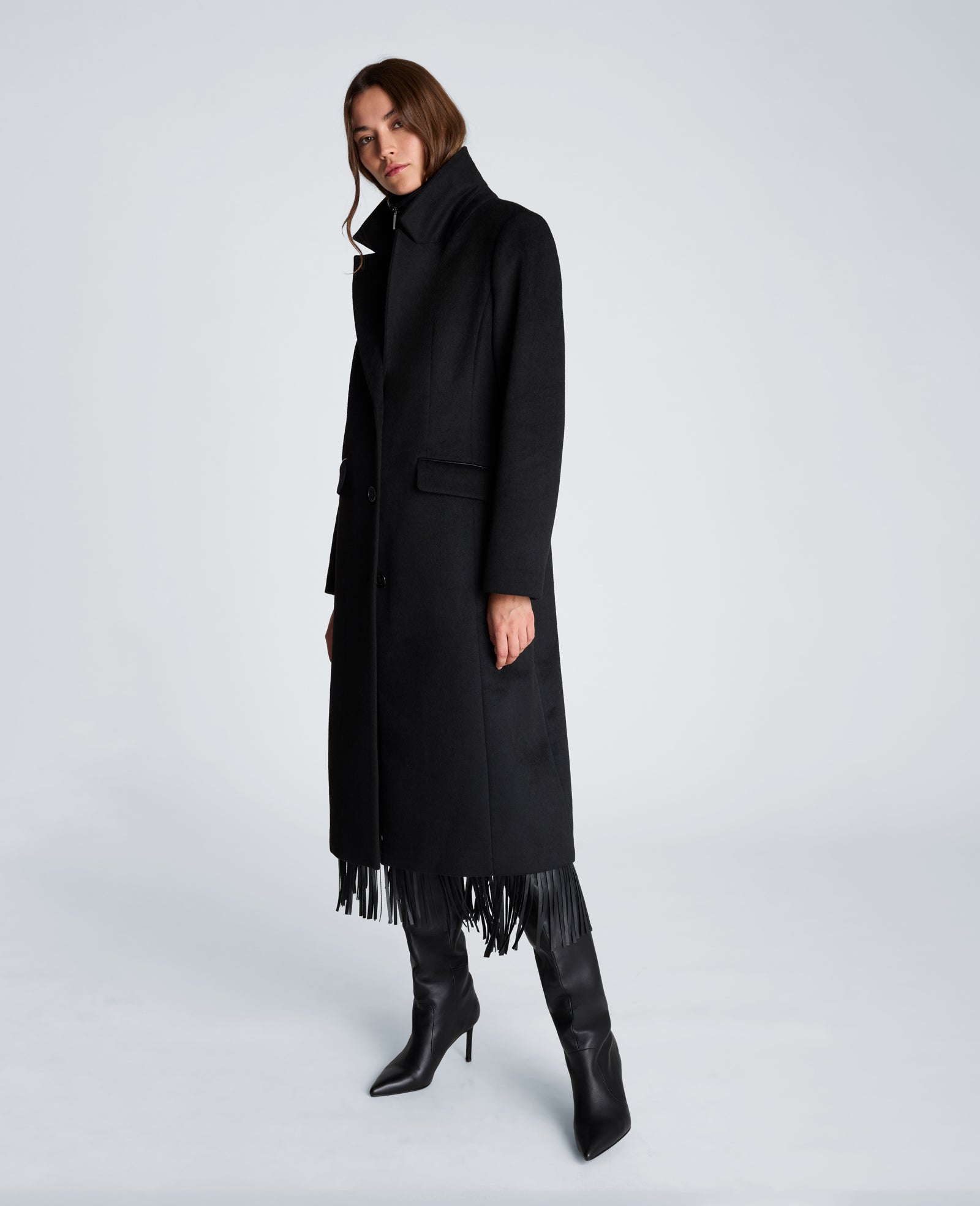 Kenneth Cole Reaction Clothing Wool Topper Coat with Vegan Leather Zip Up cappotto nero in lana