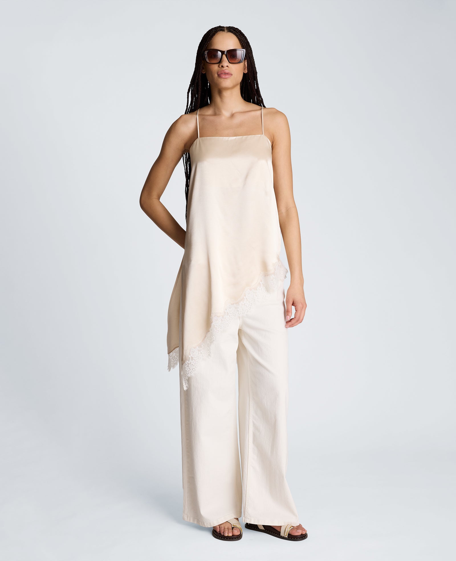 Kenneth Cole Reaction Clothing Asymmetric Lace Hem Tunic Cami canotta satinata oyster