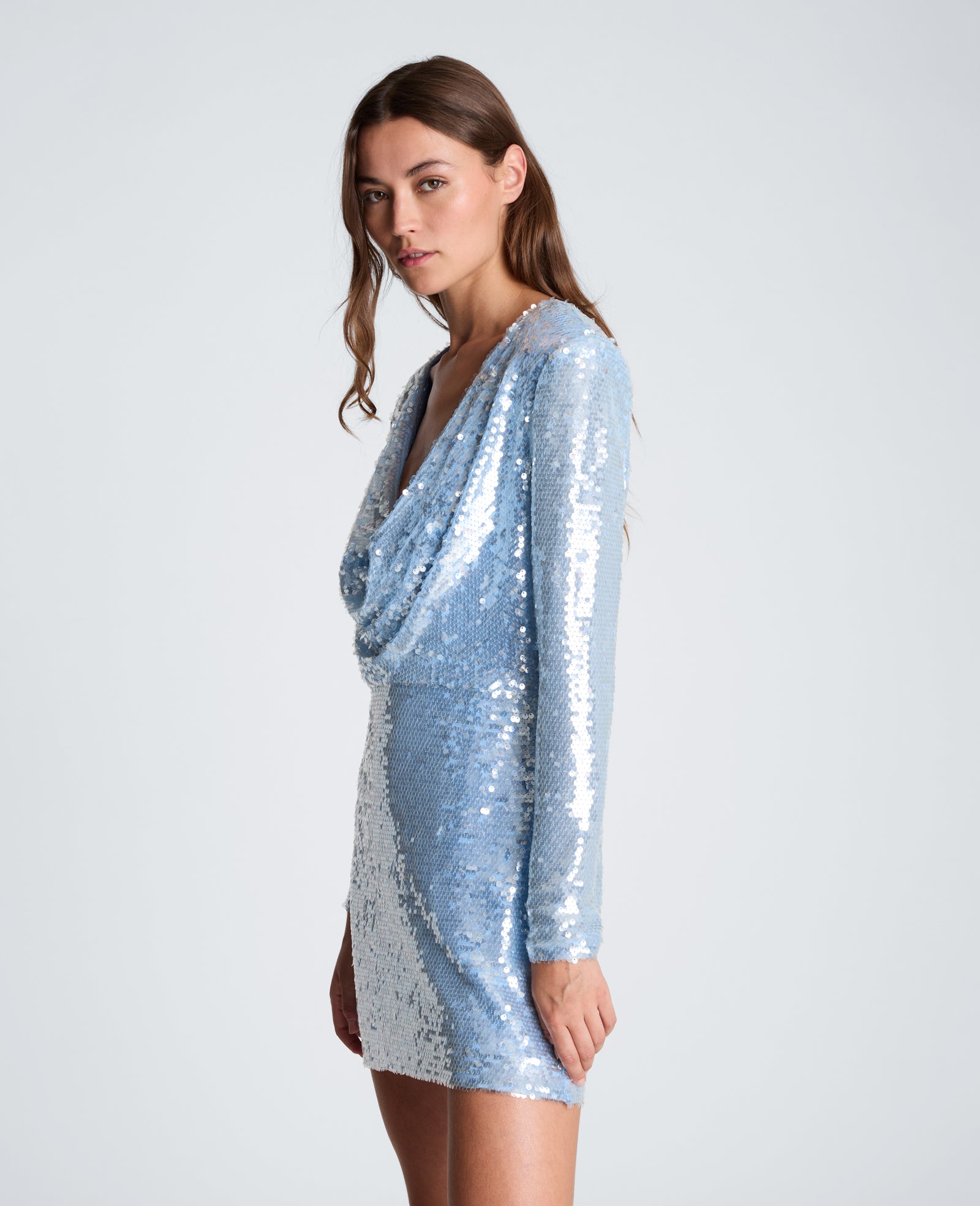 Kenneth Cole Reaction Clothing Cowl Neck Mini Long Sleeve Dress abito mini Serene Blue con paillettes