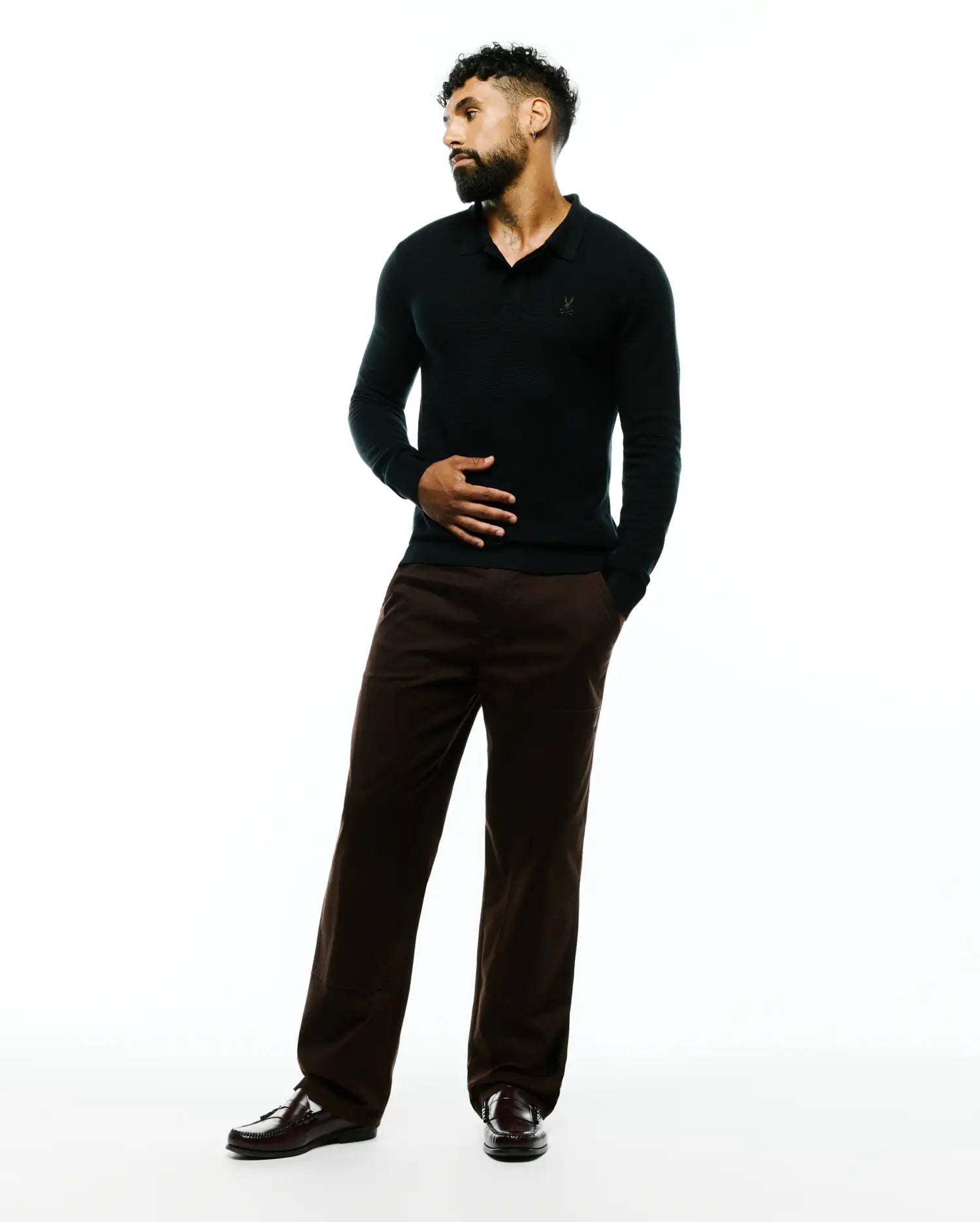 Psycho Bunny Men's Polos Men's Leroy Long Sleeve Knit Polo polo nera maglia