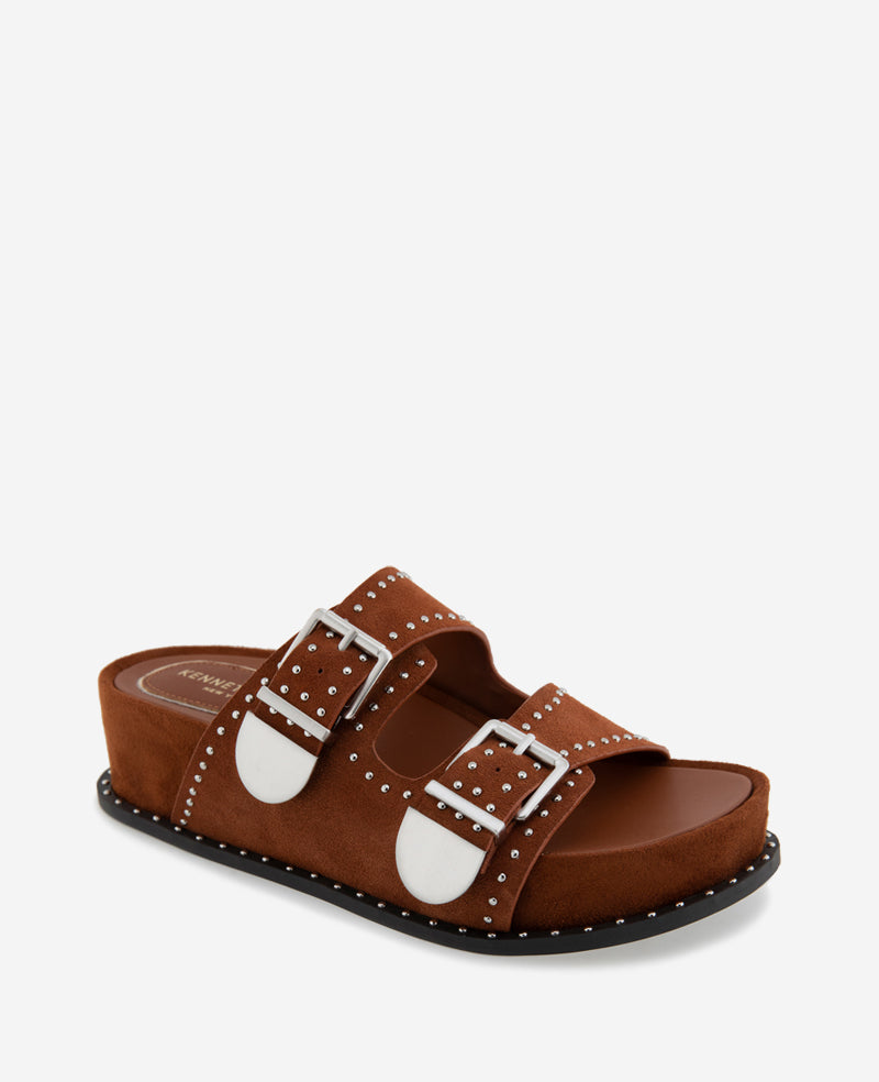 Kenneth Cole Reaction Shoes Gradie Double Buckle Studded Suede Platform Slide Sandal sandali cognac platform