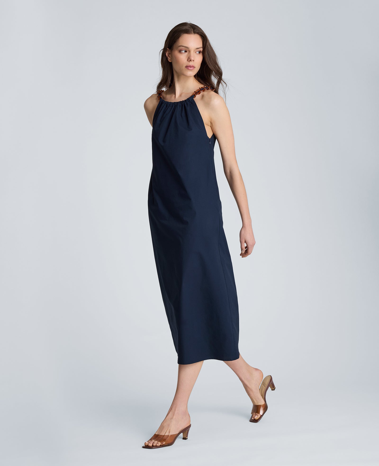 Kenneth Cole Reaction Clothing Tortoiseshell Tie Halter Midi Dress abito midi blu navy