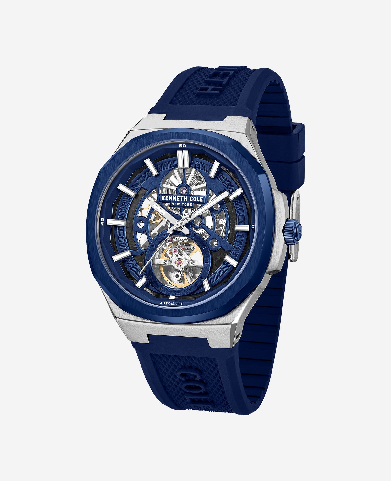 Kenneth Cole Reaction Watches Skeleton Automatic Silicone Strap Watch Orologio Uomo Blu 5 ATM