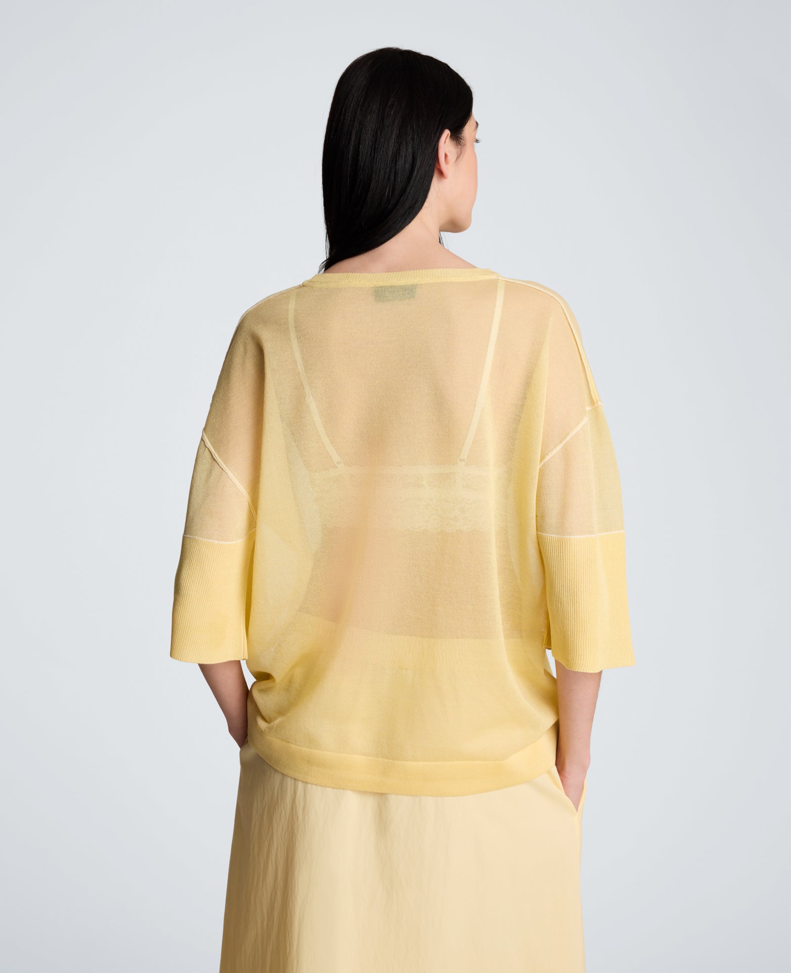 Kenneth Cole Reaction Clothing Semi Sheer Crew Neck with Slit Sleeves maglia gialla