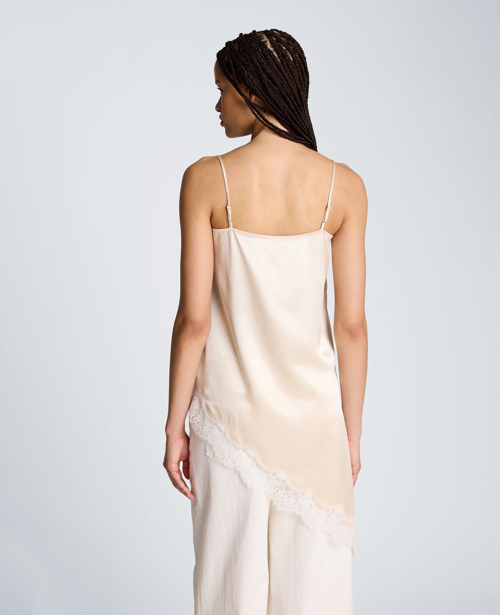 Kenneth Cole Reaction Clothing Asymmetric Lace Hem Tunic Cami canotta satinata oyster