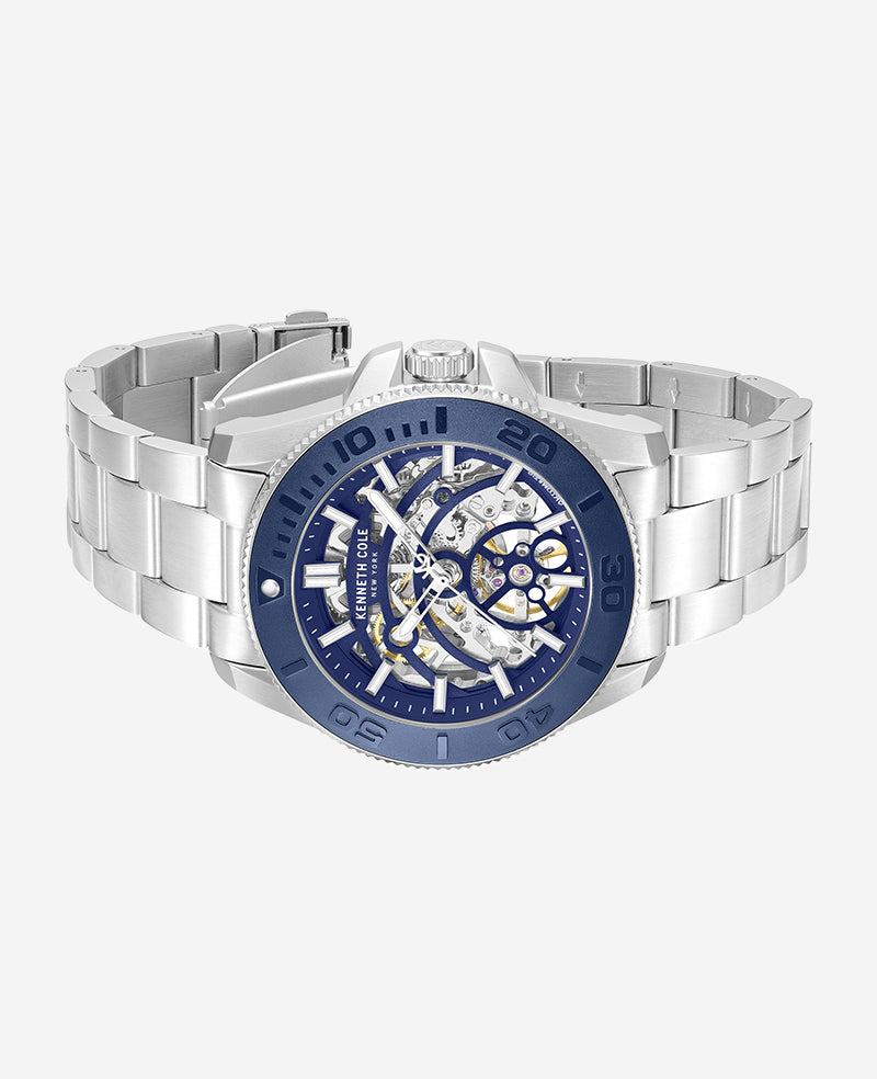 Kenneth Cole Reaction Watches Skeleton Automatic Blue Contrast Dial Bracelet Watch orologio automatico argento e blu