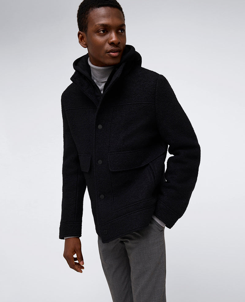 Kenneth Cole Reaction Clothing Boucle Wool Jacket with Attached Jersey Hood giacca nera in lana