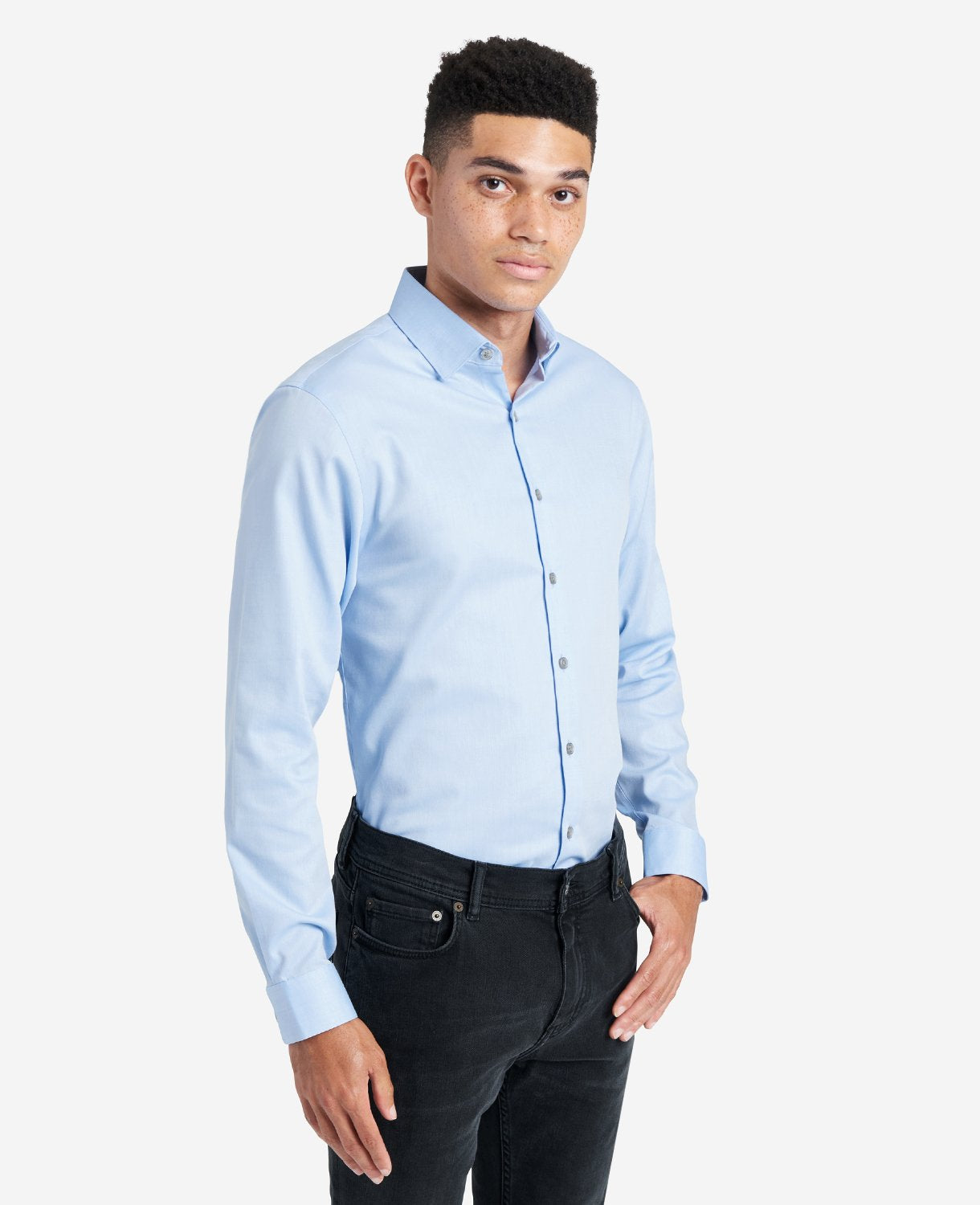 Kenneth Cole Reaction Clothing Slim-Fit Button-Down Stretch Dress Shirt with TEK FIT camicia azzurra