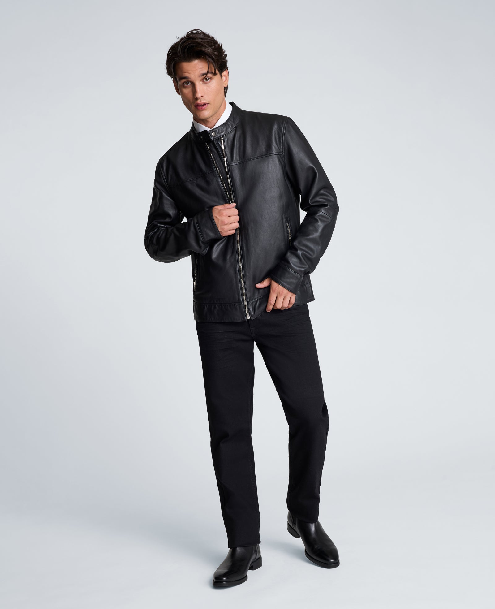 Kenneth Cole Reaction Clothing Stand Collar Leather Moto Jacket giacca in pelle nera