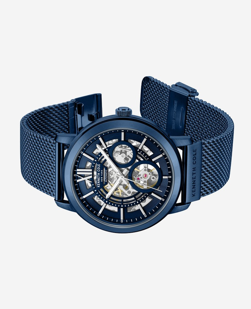 Kenneth Cole Reaction Watches Skeleton Automatic Blue-IP Stainless Steel Mesh Strap Watch orologio automatico blu
