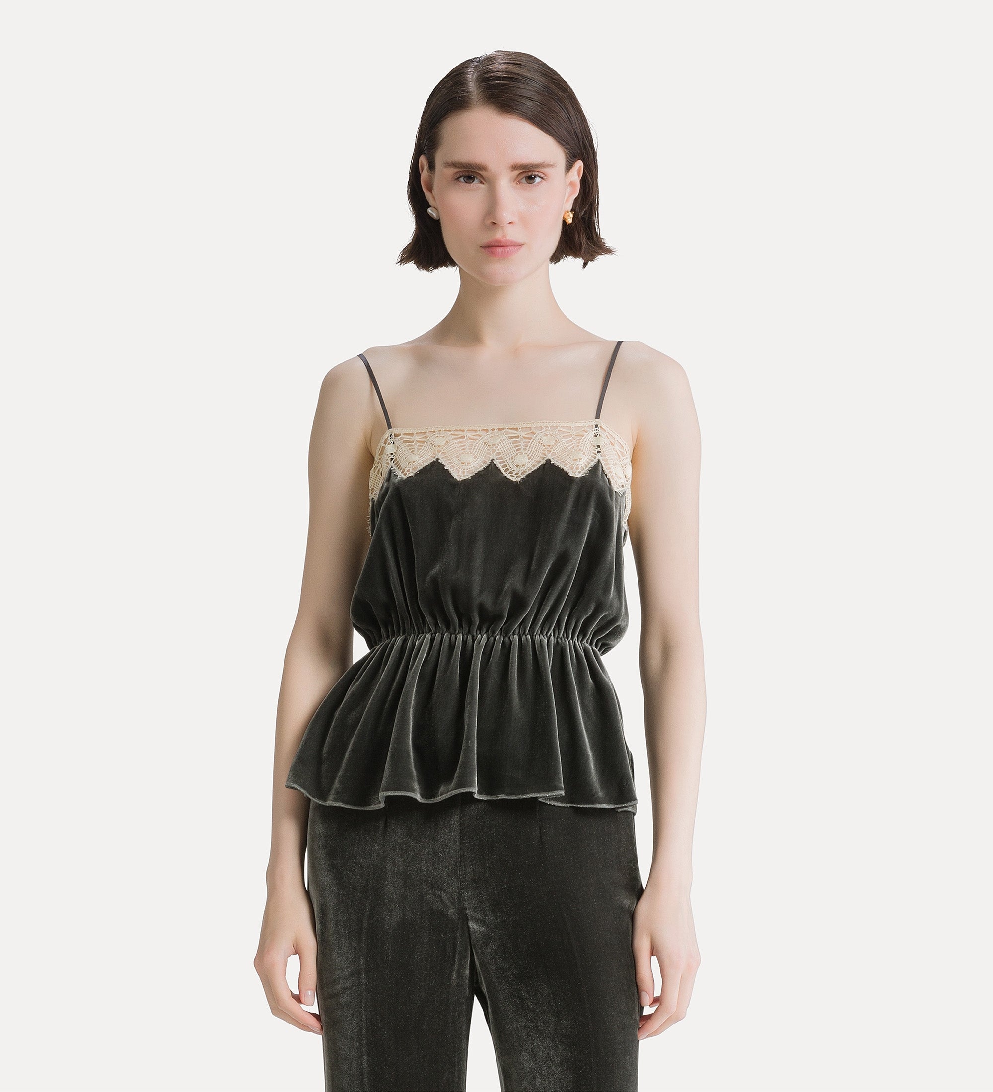 Forte top velvet and lace top top grigio in velluto