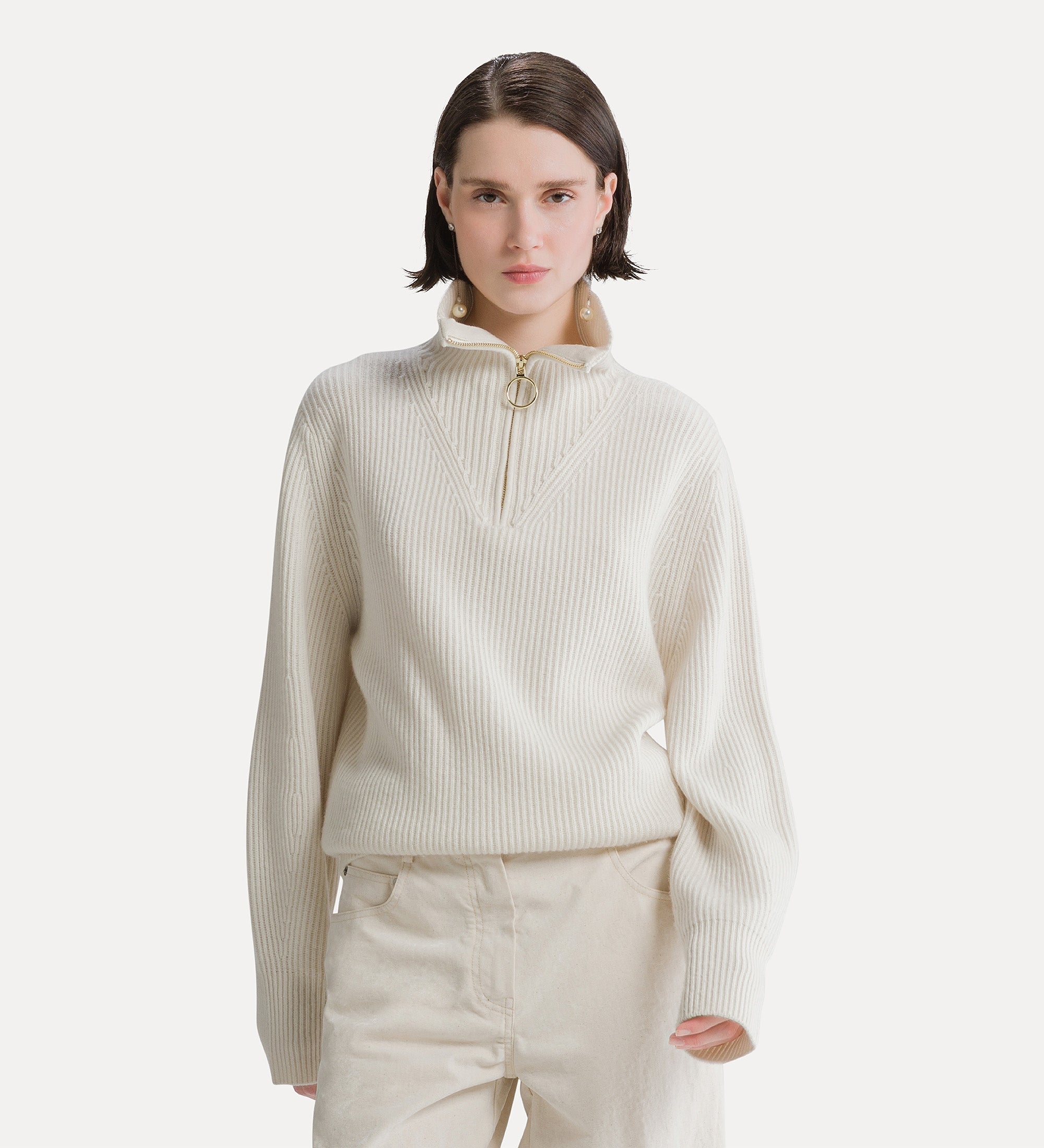Forte maglieria maglia mezza zip Pure bianca, lana e cashmere
