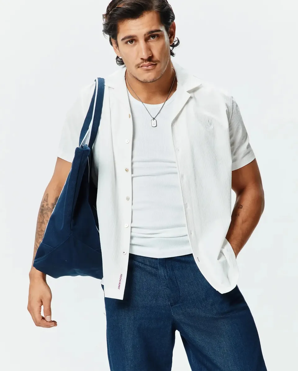 Psycho Bunny Men's Shirts Jayme Knit Shirt camicia bianca in seersucker