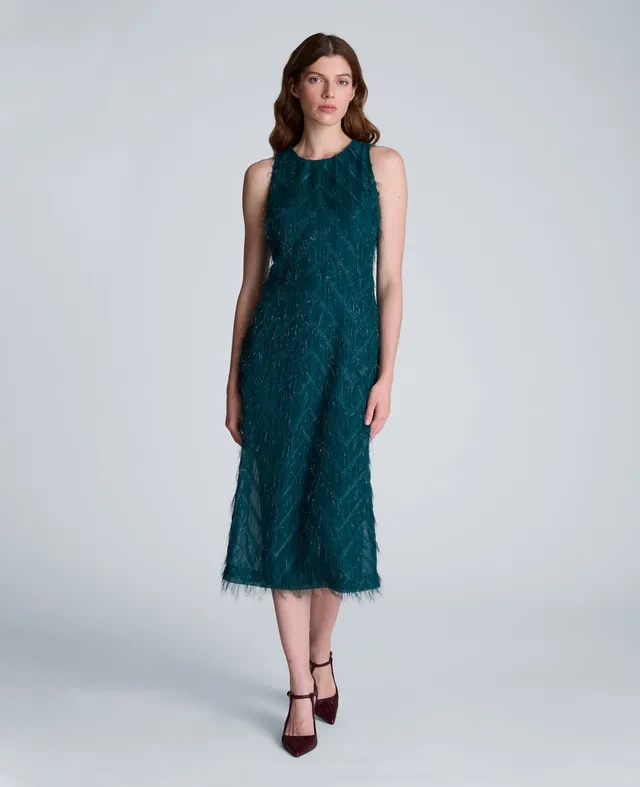 Kenneth Cole Reaction Clothing Fringed Organza Midi Sheath Dress abito midi verde petrolio